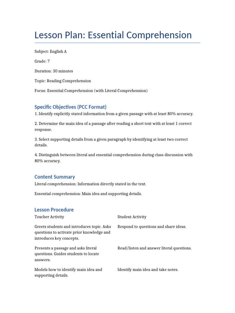 Essential Comprehension Lesson Plan Updated | PDF | Reading ...