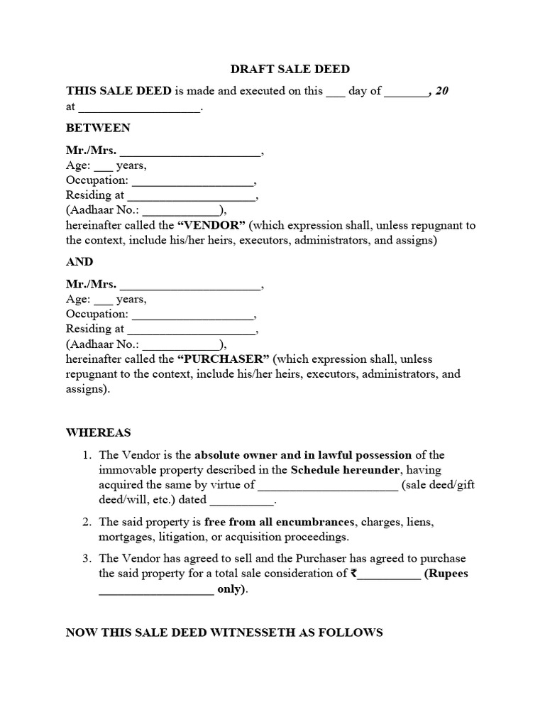 Draft Sale Deed Copy | PDF | Deed | Mortgage Law