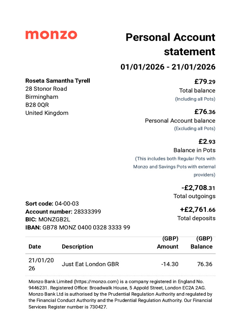 Monzo_bank_statement_2026-01-01-2026-01-21_9760 | PDF | Banking ...