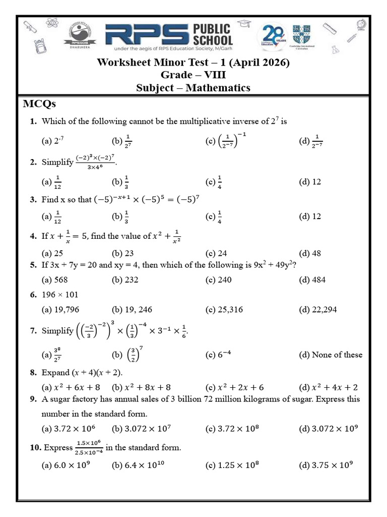 VIII Maths Minor Test-1 April 2026 | PDF | Multiplication | Mathematics