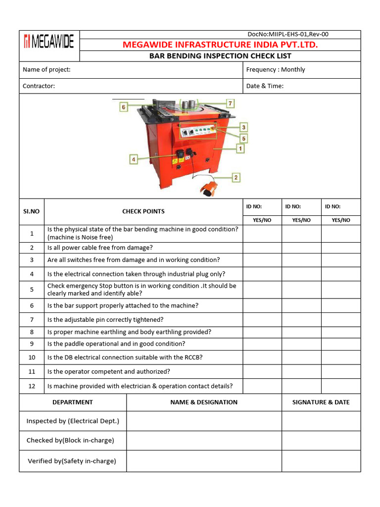 1.Bar Bending Machine Inspection Checklist | PDF