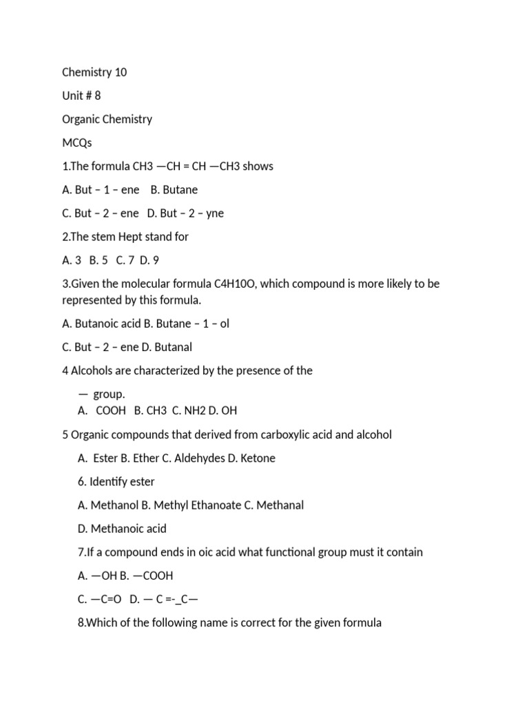 MCQs Unit 8 Organic Chemistry | PDF