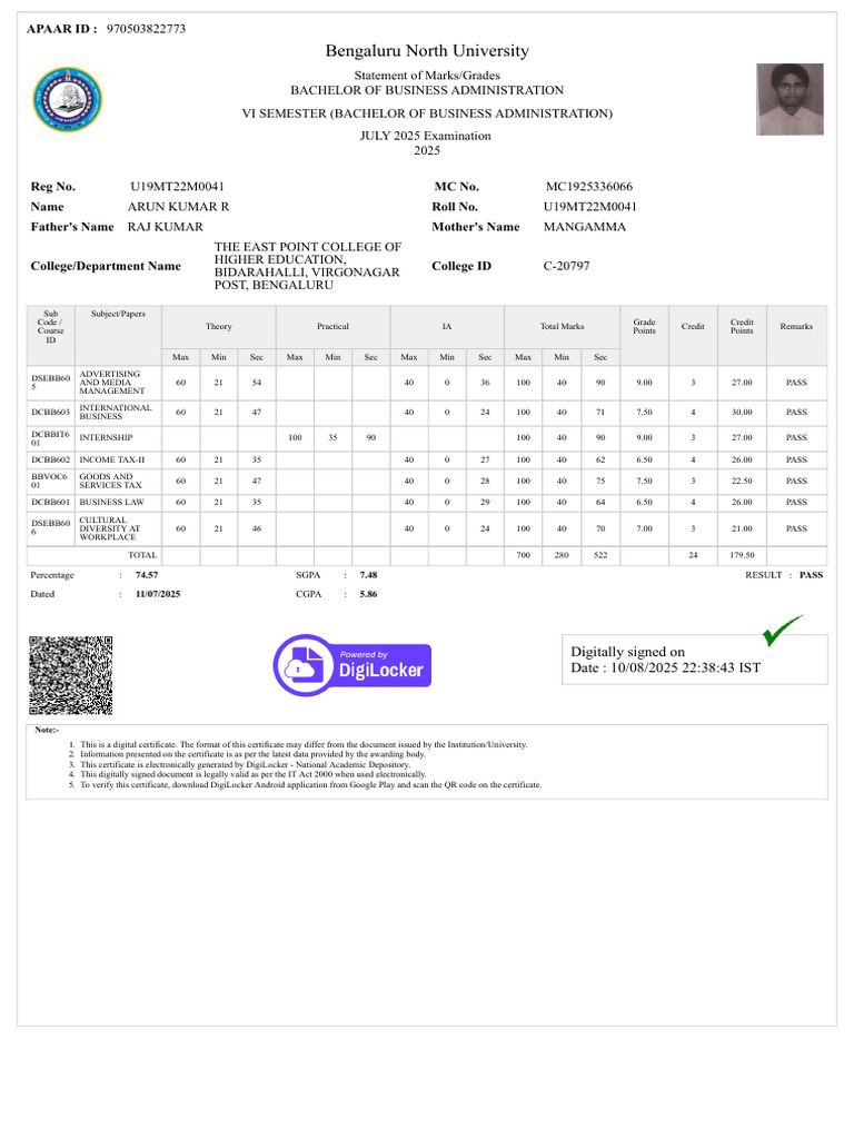 6 Th Sem Marksheet | PDF