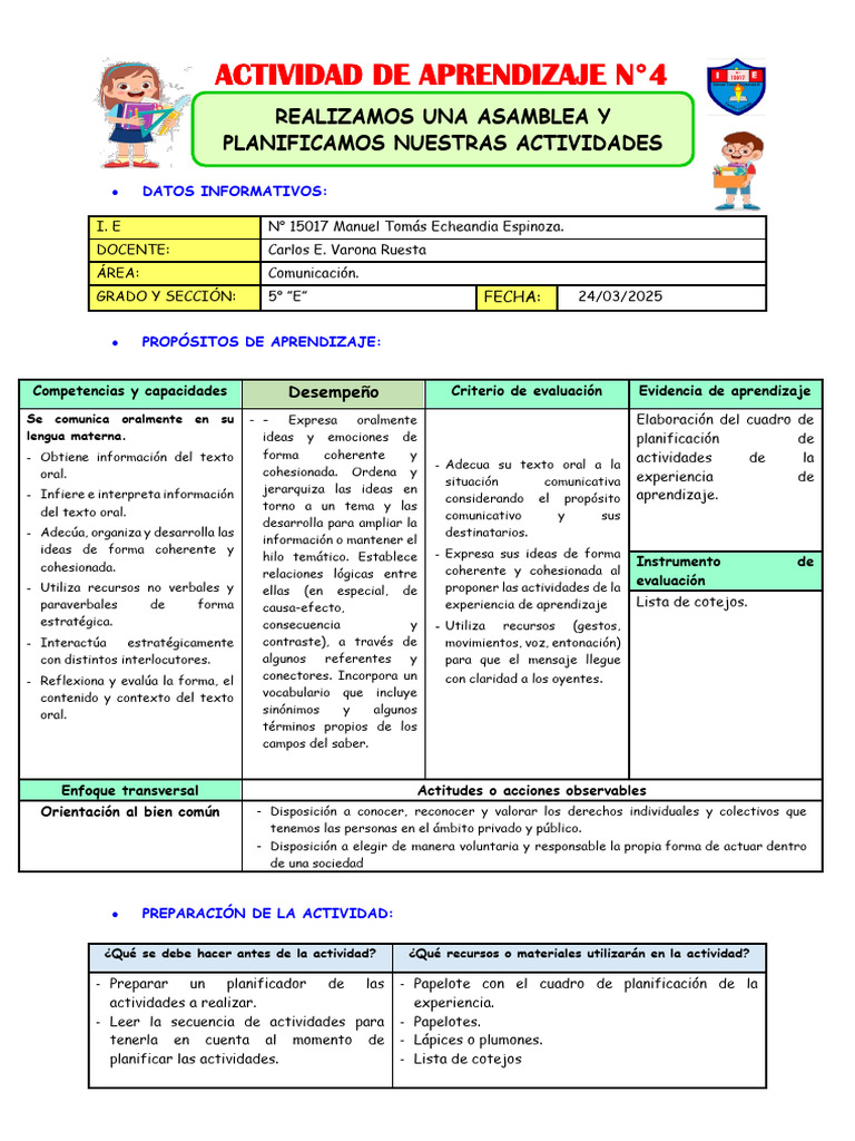 N°4 PLANIFICAMOS LAS ACTIVIDADES | PDF | Aprendizaje | Ciencia cognitiva