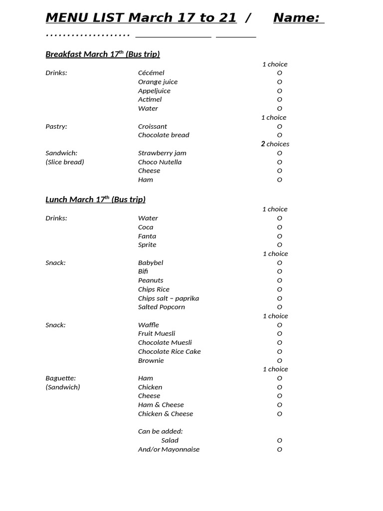 MENU LIST 2026 March 17 to 21 Choices (1) | PDF | French Fries | Dumpling