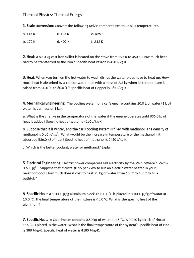 Thermal Energy Problems (1) | PDF