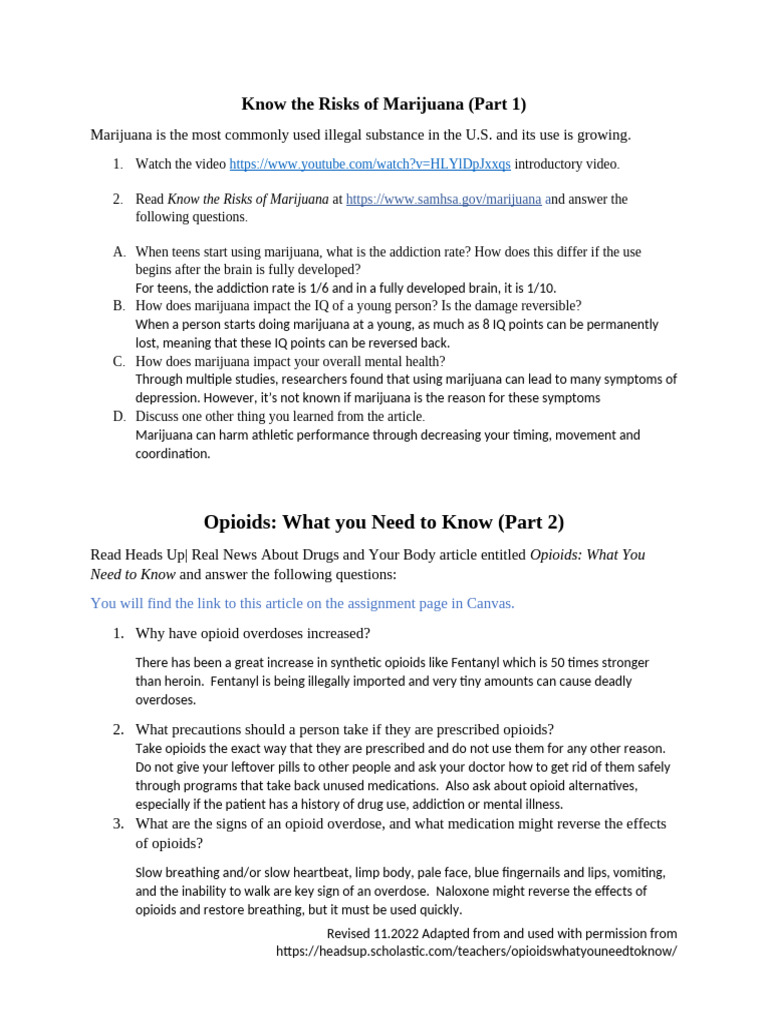 2023.Marijuana and Opioids- What You Need to Know Student Questions ...