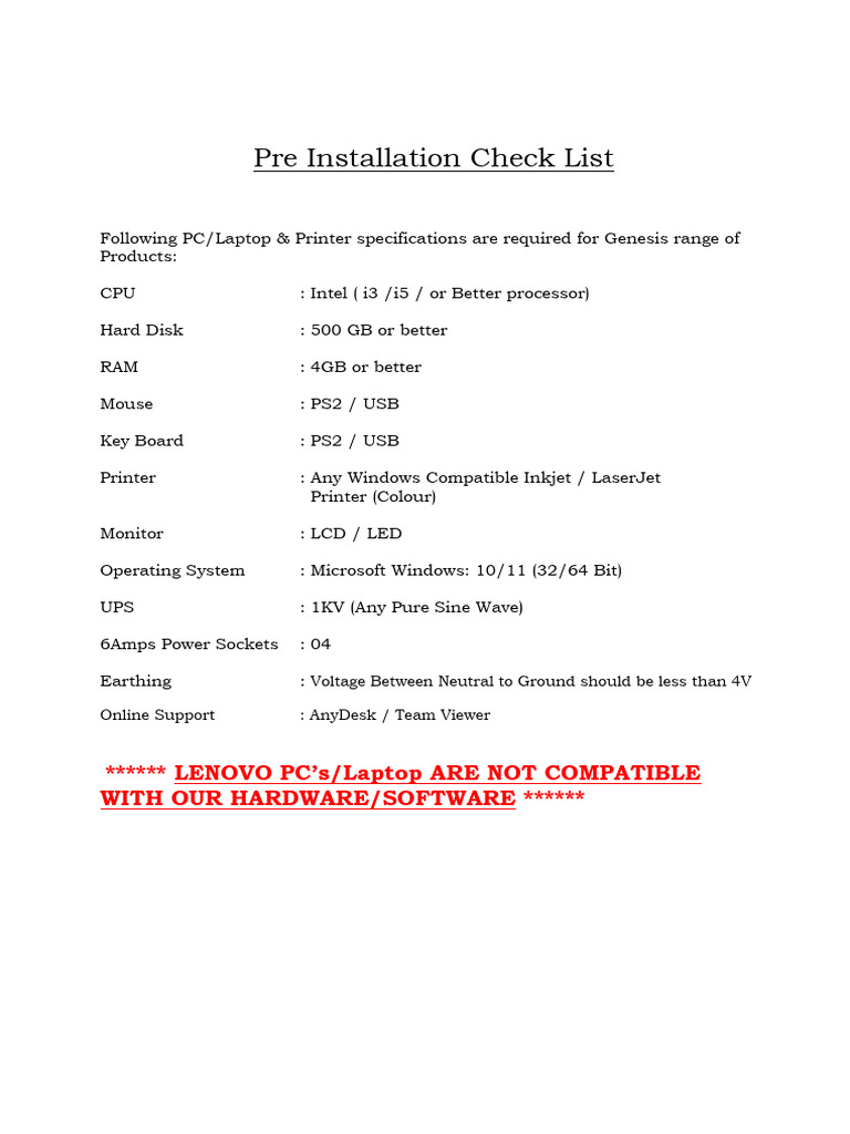 Pre Installation Check List | PDF