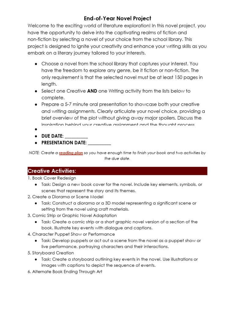 Copy End-Of-Year Student Selected Novel Project | PDF | Novels | Plot ...