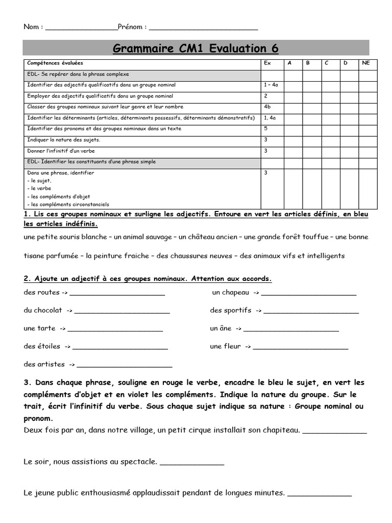 Evaluation 6 L Adjectif cm1 | PDF | Phrase | Sujet (Grammaire)