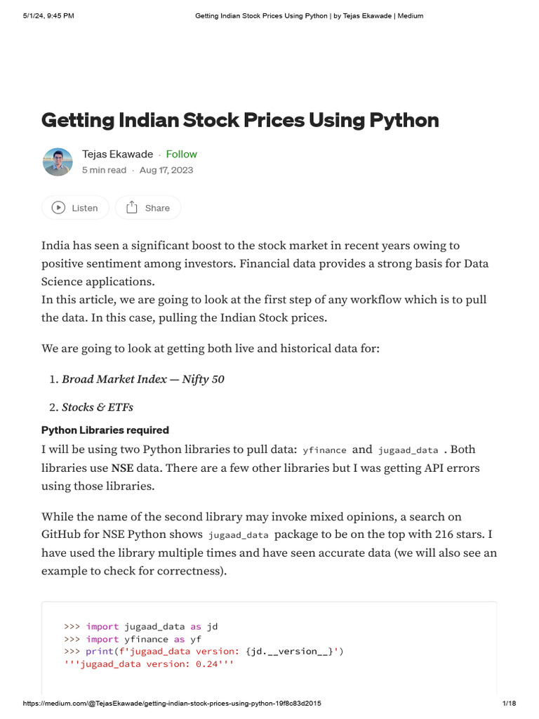 Getting Indian Stock Prices Using Python _ by Tejas Ekawade _ Medium | PDF
