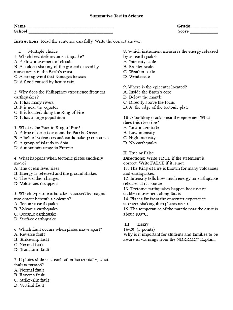 Summative Test in Science | PDF | Earthquakes | Fault (Geology)