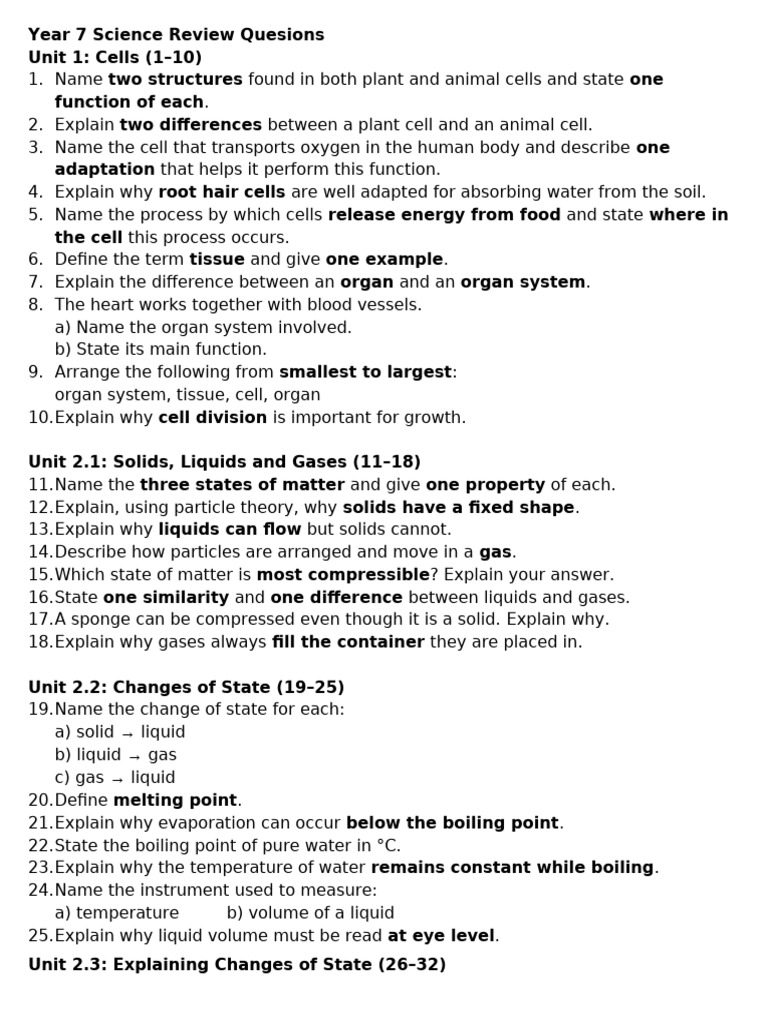 Year 7 Science Review Quesions | PDF