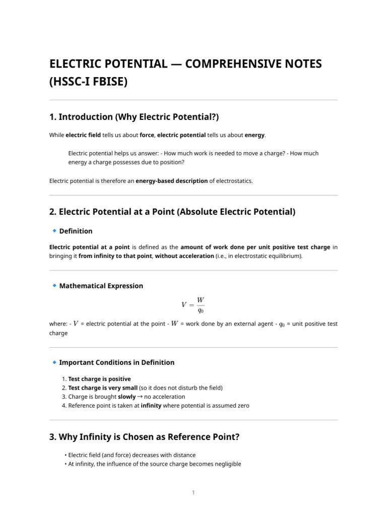 Electric Potential — Comprehensive Notes (Hssc-i Fbise) | PDF ...