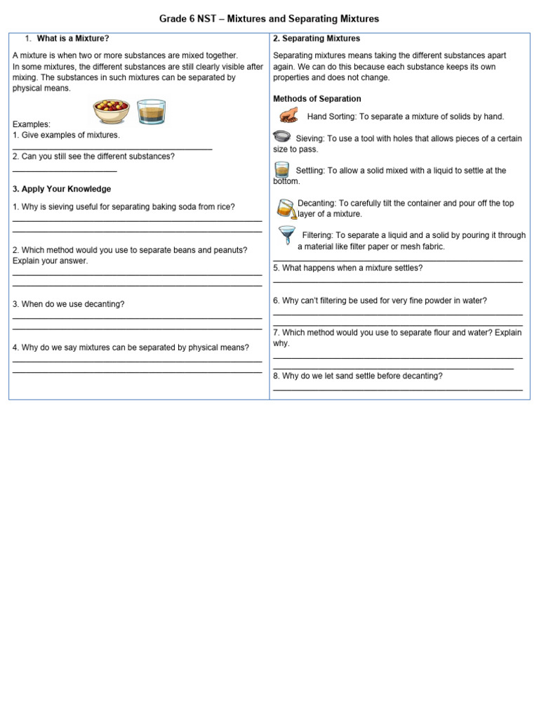 Grade 6 NST Separation of Mixtures Worksheet | PDF | Mixture