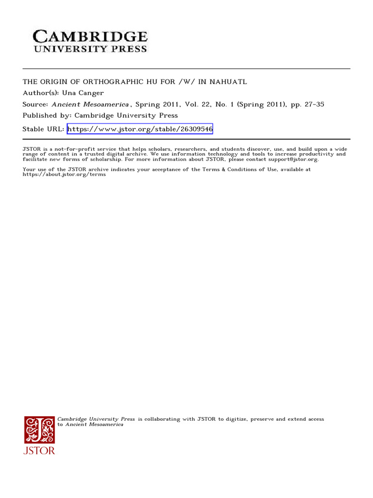 The Origin of Orthographic Hu for :w: By Canger | PDF | Nahuatl ...