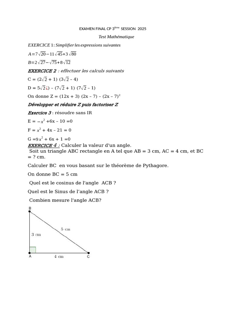 Examen Final CP 3iéme Session 2025 | PDF