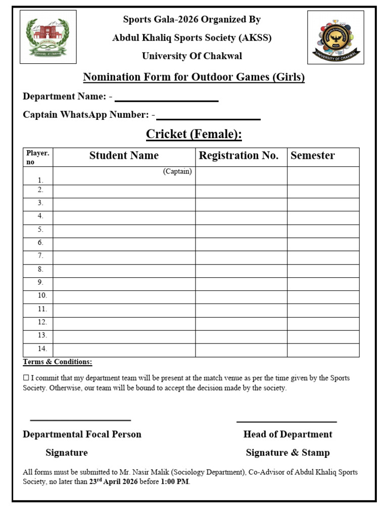 Nomination Form for Outdoor Games-GIRLS | PDF