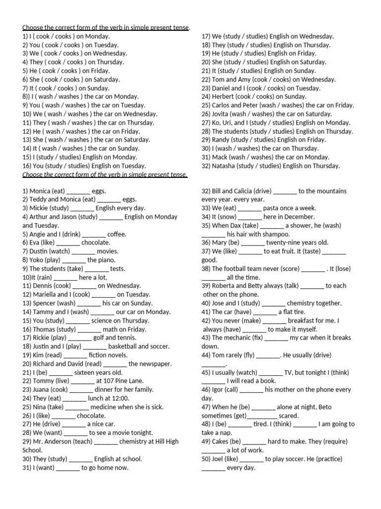 Choose the correct form of the verb in simple present tense | PDF