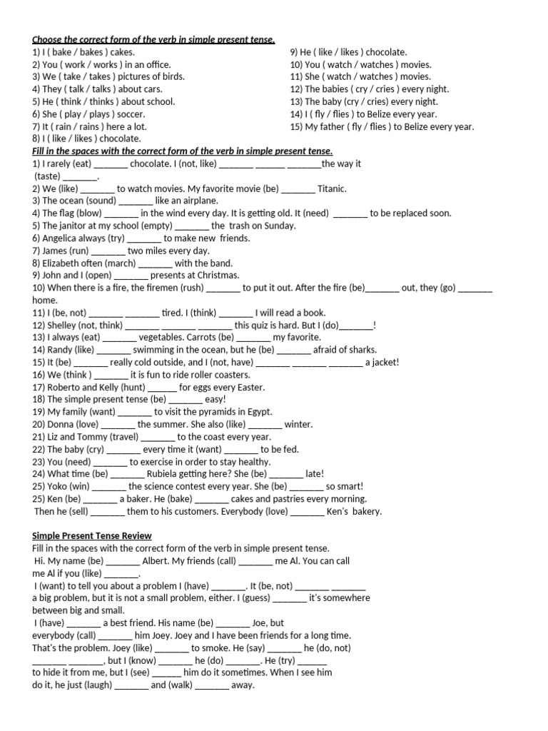 Choose the correct form of the verb in simple present tense 2 | PDF