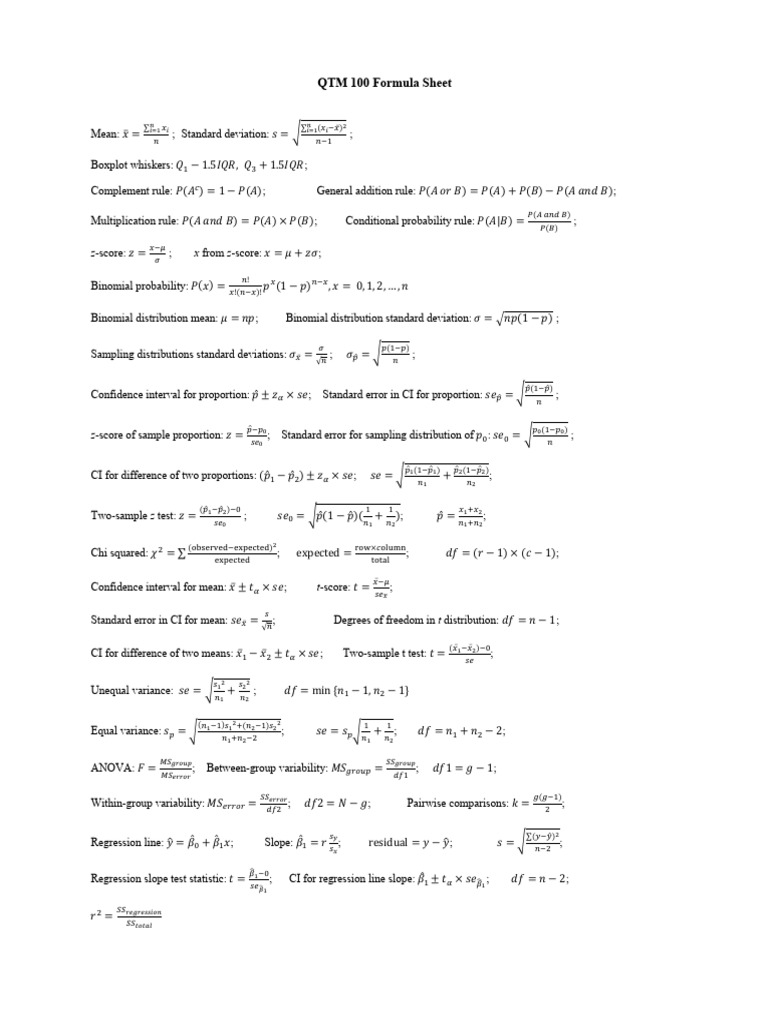 QTM100 FormulaSheet Annotated | PDF | Confidence Interval | Standard Error