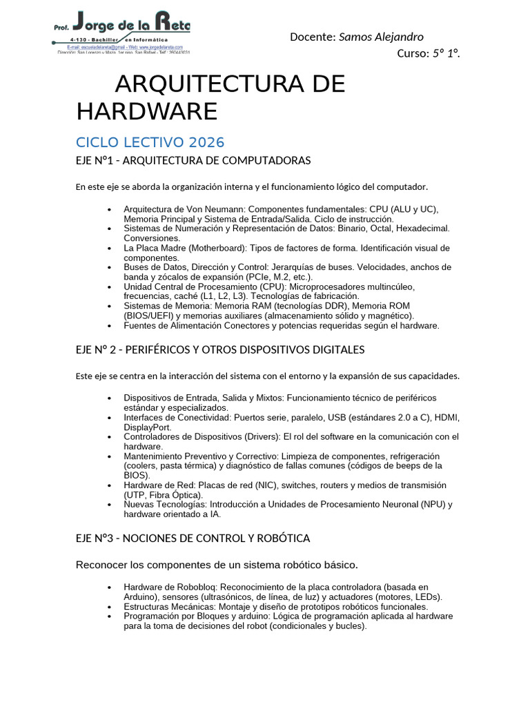 Programa Arquitectura de Harware 2026 | PDF | Hardware de la ...