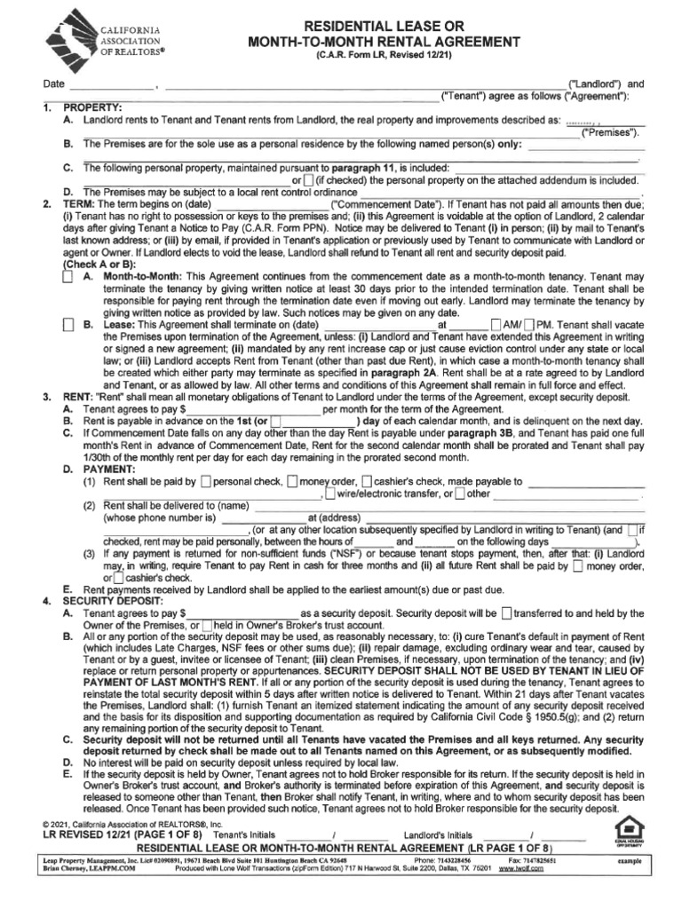 LeaseAgreement CAR-LR 2021 Blank | PDF