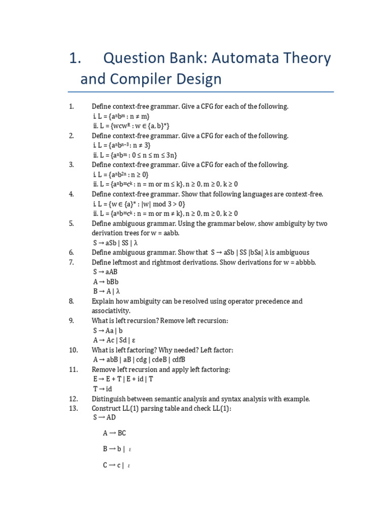 Automata Theory Compiler Design Question Bank Unit II | PDF | Parsing ...