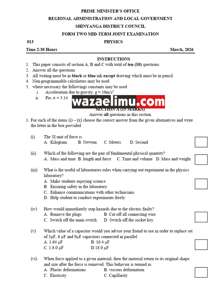 Physics Form II Join Examination | PDF | Capacitance | Density