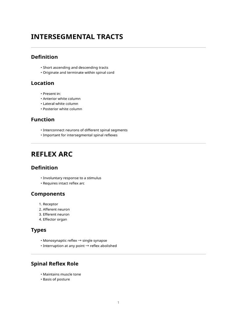 Neuroanatomy Notes – Intersegmental Tracts & Reflexes | PDF