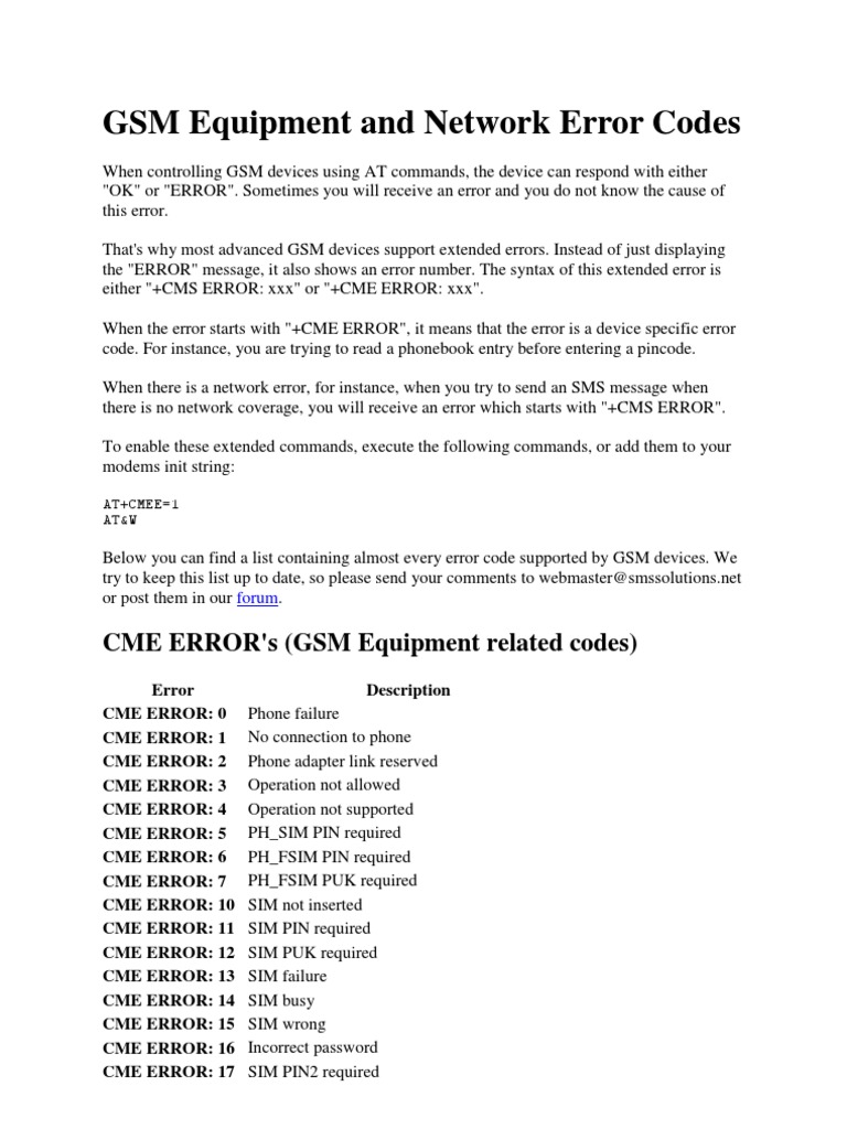 Gsm Equipment And Network Error Codes Subscriber Identity Module Telecommunications