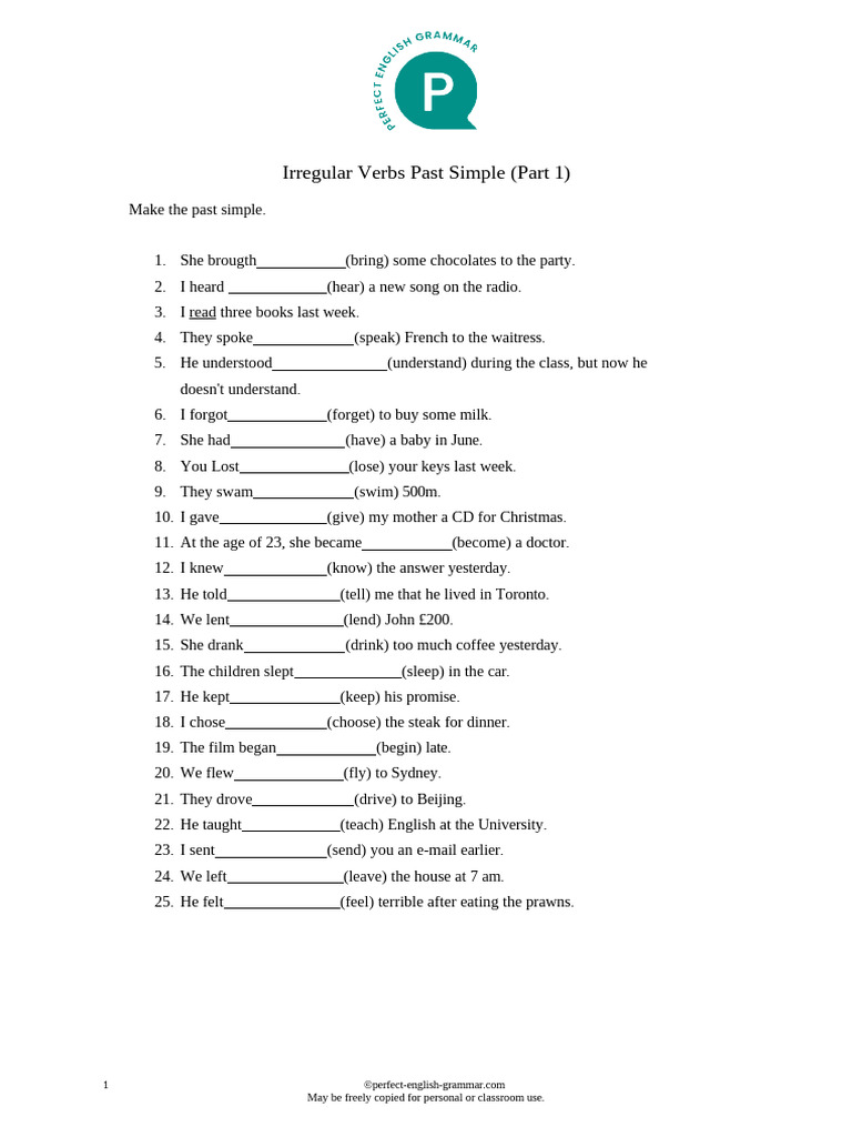 Irregular Verbs Past Simple Part 1 | PDF