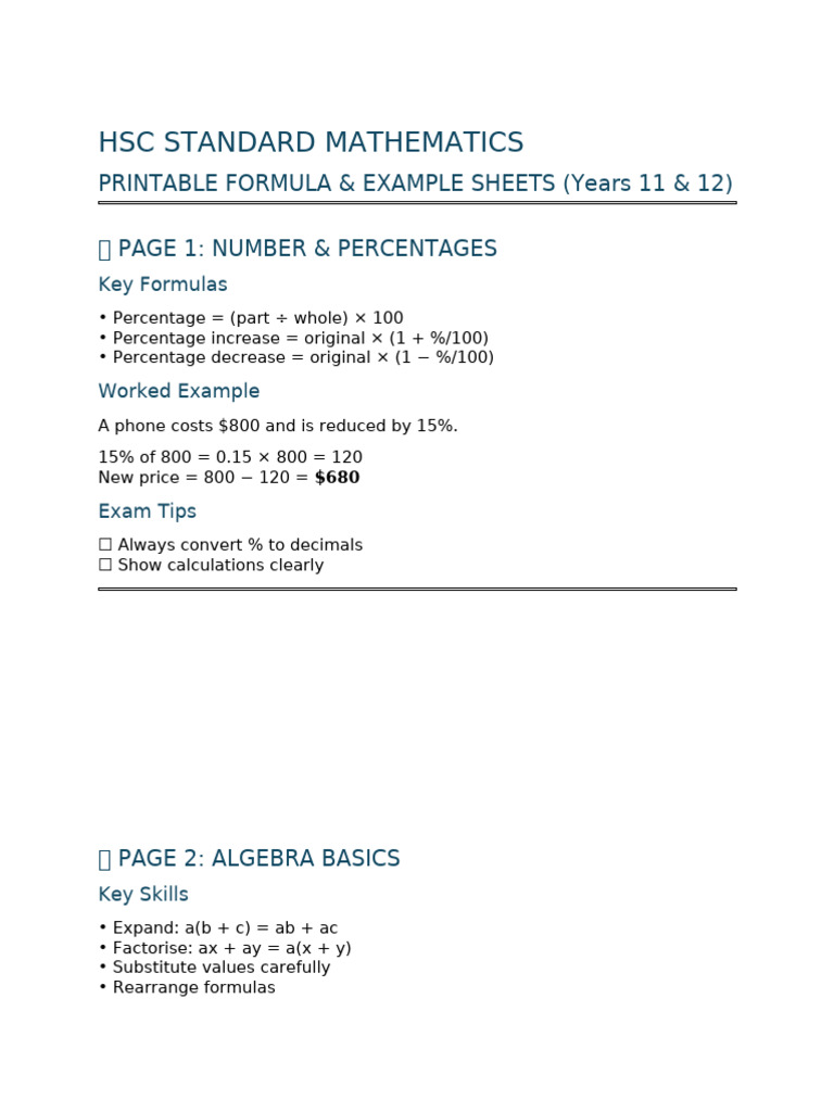 Hsc Standard Maths – Printable Formula & Example Sheets | PDF | Area ...