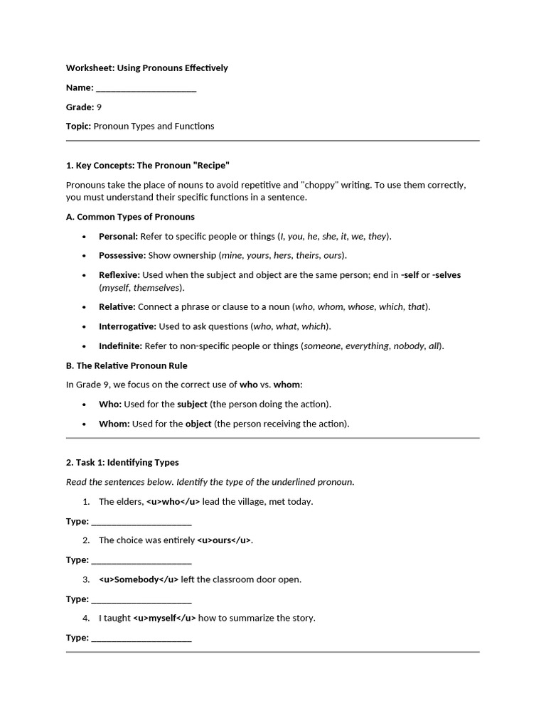Worksheet Grade 9 Mastering Pronouns | PDF | Pronoun | Semantics