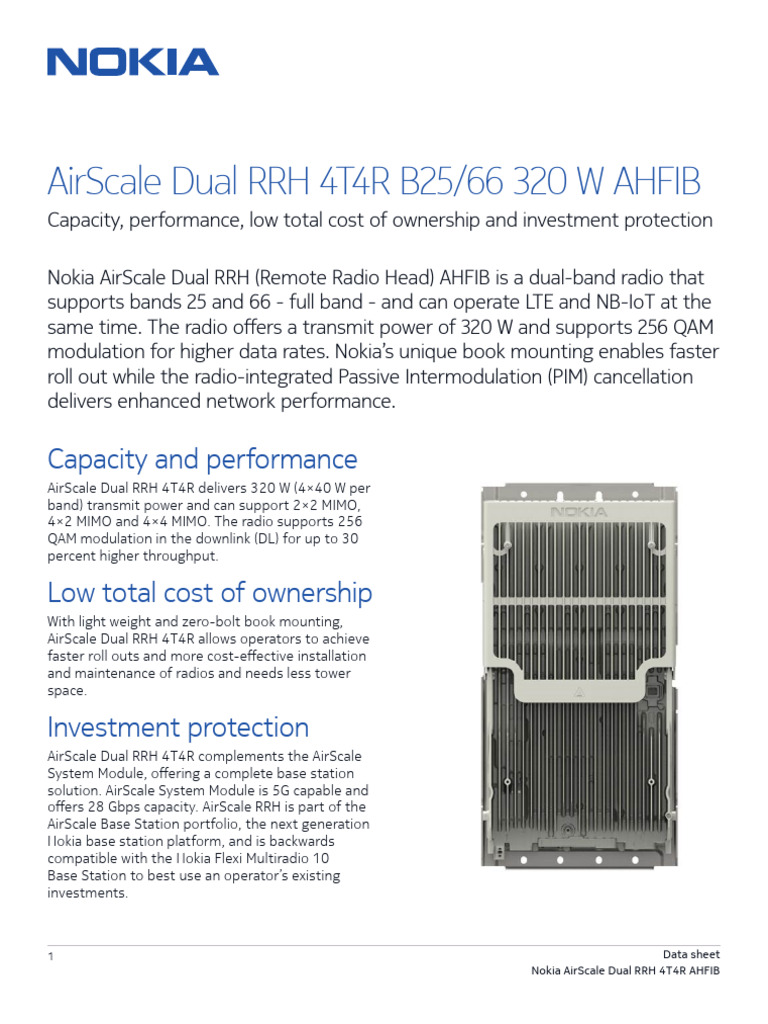 Nokia AirScale Dual RRH 4T4R AHFIB Datasheet | PDF | Radio | Mimo