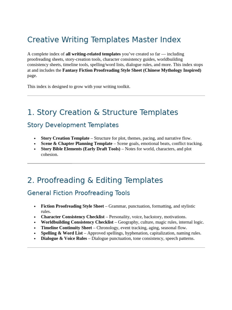 Creative Writing Templates Master Index | PDF | Worldbuilding ...