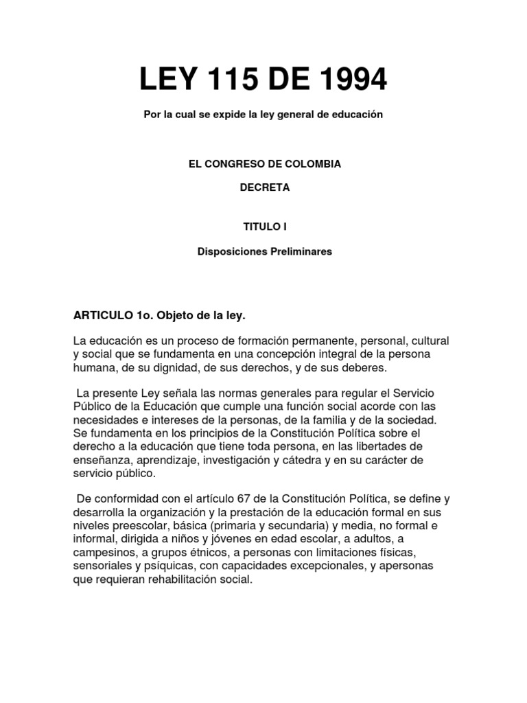 Ley General de Educación en Colombia | PDF | Educación primaria ...