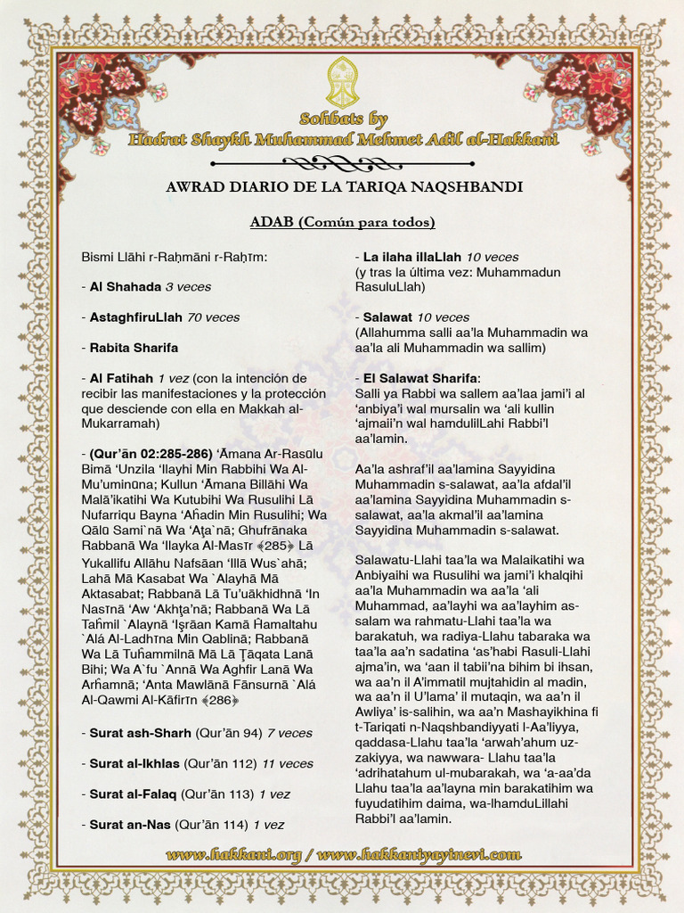 Awrad Diario Tariqa Naqshnbandi | PDF | Religiones religiosas | Monoteísmo