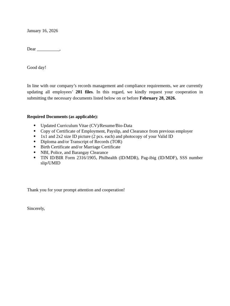 Request Letter for Pending Requirements | PDF