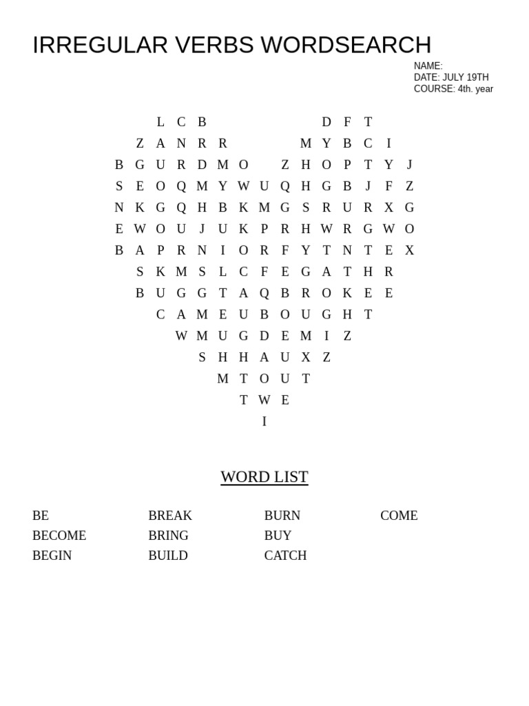 Irregular Verbs Wordsearch 1770282936 | PDF