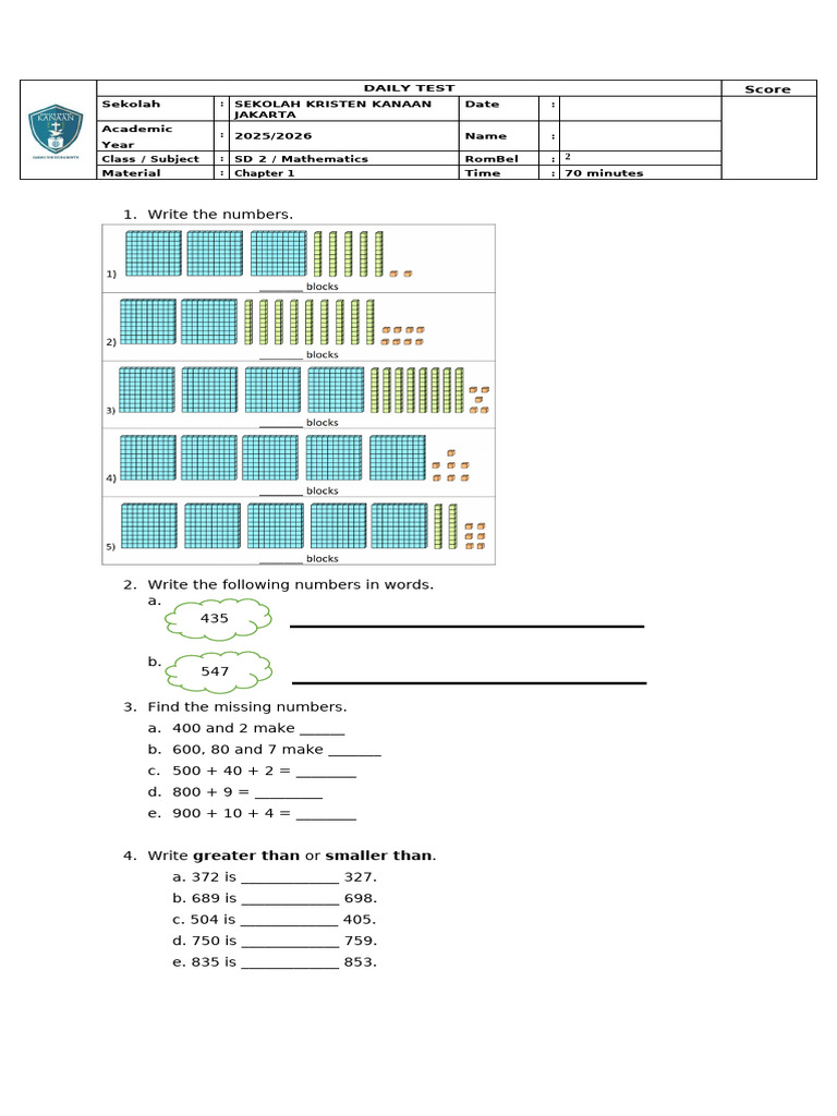 Daily Test 1 Math Grade 2 | PDF