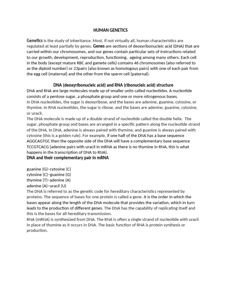 Human Genetics Student Note | PDF | Genotype | Dominance (Genetics)