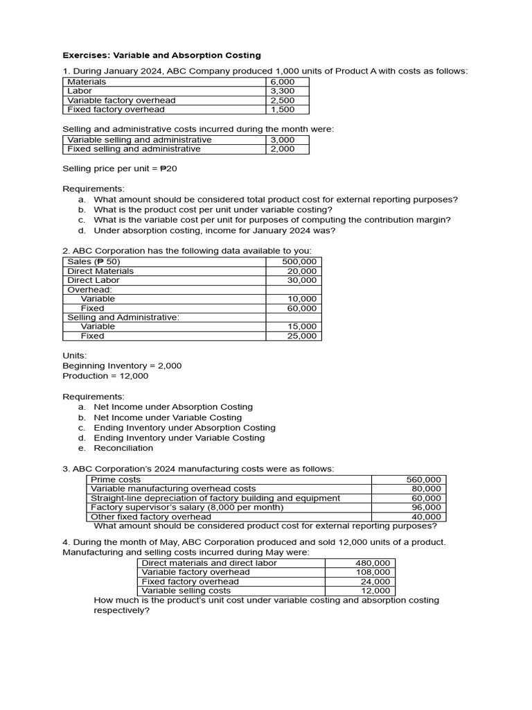 Variable and Absorption Costing Exercises | PDF | Cost | Inventory