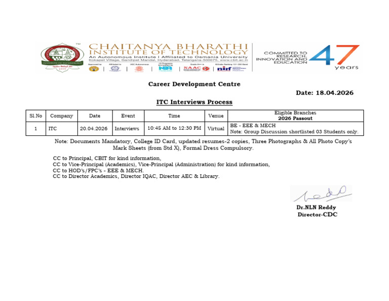 ITC Interviews Placement Circular on 20.04.2026 | PDF