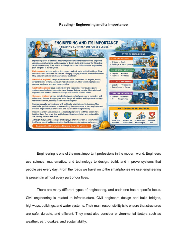 Reading – Engineering and Its Importance | PDF | Engineering | Engineer