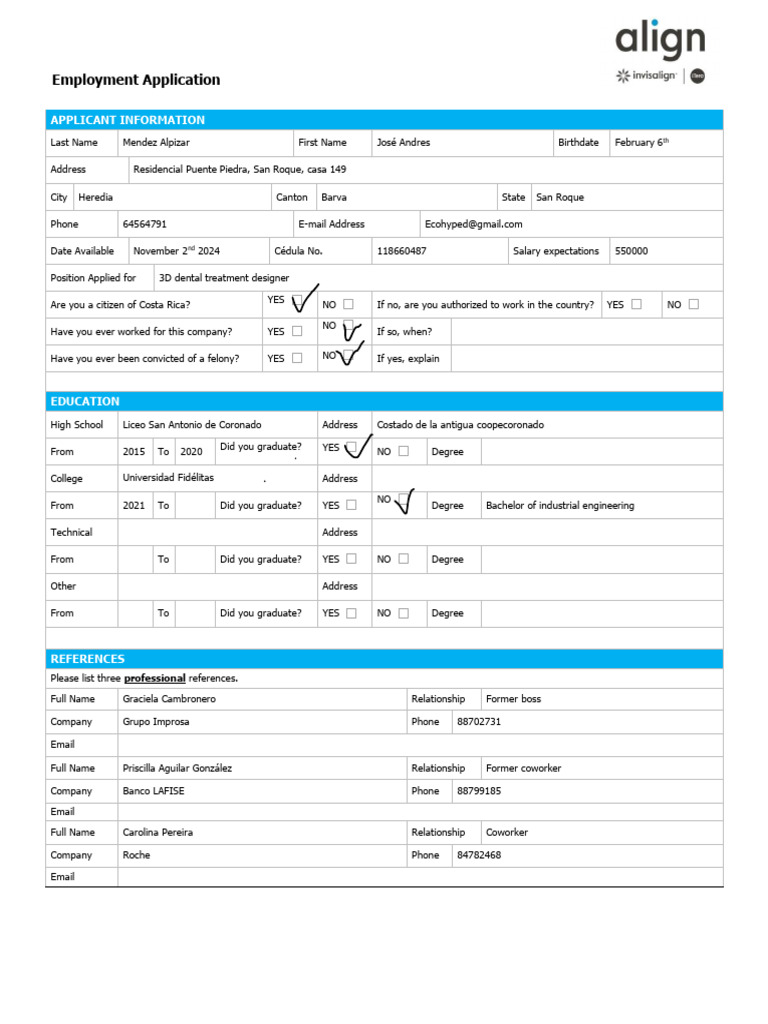 Copia de Align Technologies Application Form PDF | PDF