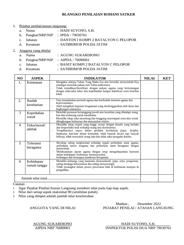 1. Form_blangko Penilaian Rohani Satker(2) | PDF