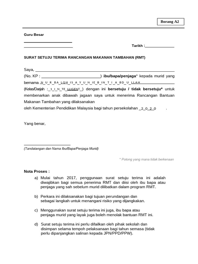 Borang A2 Surat Setuju Terima RMT | PDF