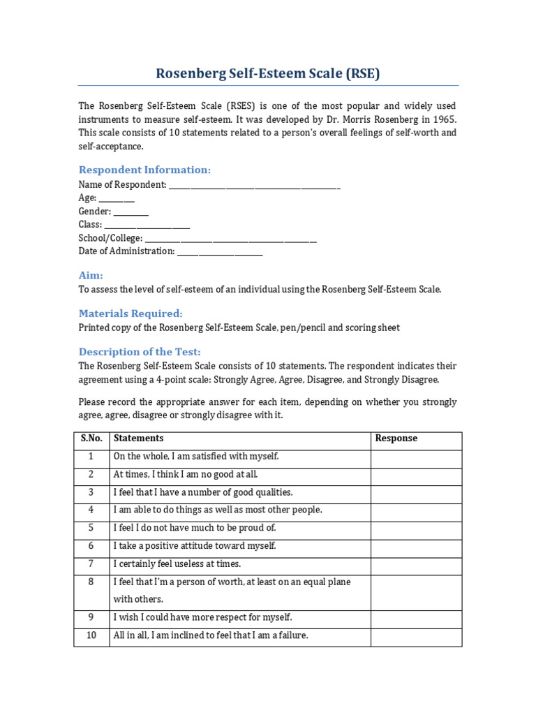 Rosenberg Self Esteem Scale Questionnaire | PDF | Self Esteem | Psychology