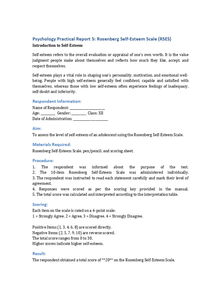 Rosenberg Self Esteem Scale Report Score20 | PDF | Self Esteem ...